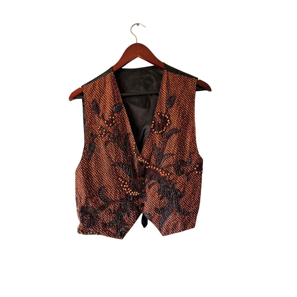 Vinatge Kenar Beaded Floral Vest Burnt Orange Black Cotton Rayon Small
